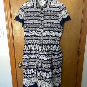 Oscar de la Renta Navy and White Floral Lace Midi Dress